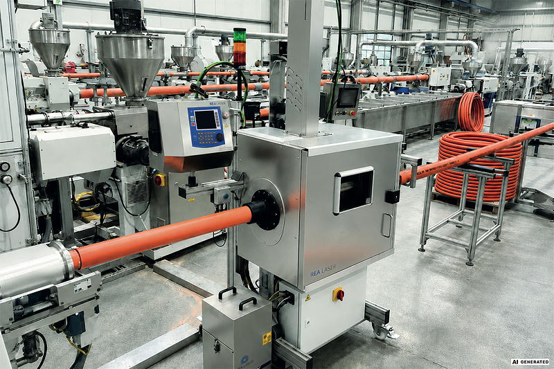 Plug & Play: The REA LASER ExtruMark 200 can be easily rolled to any location
where flexible inline marking of extruded pipes or profiles is required.